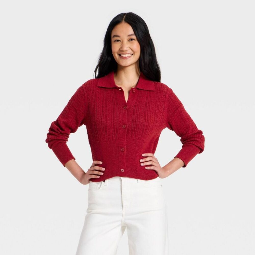 Women's Long Sleeve Pointelle Collared Cardigan - Universal Thread Red XS